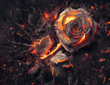 Fototapeta  - Burning Rose in Pile of Ashes
