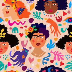 Wall Mural - Face women pattern  doodle seamless pattern in cartoon style. Funny mexican girl characters. Vector art background illustration.