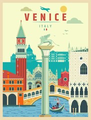 Venice city landmarks retro travel themed poster design vector illustration.