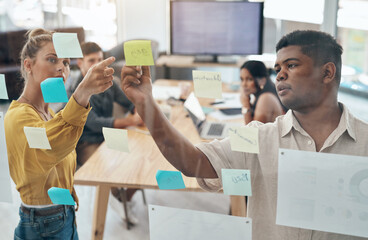 Poster - Planning is important to help guide your decisions. Shot of a group of businesspeople brainstorming with notes on a glass wall in an office.