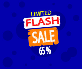 Banner with flash sale up to 65% off.   Special offer for wholesale discount. Promotion poster, shopping coupon, advertising label vector illustration in blue