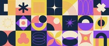 Abstract Bauhaus Forms, Brutalism Shapes And Geometric Graphic Elements. Modern Funky Background Texture With Lines, Circles And Simple Figures, Contemporary Style Vector Illustration