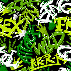 Aufkleber - Seamless pattern, print for T-shirts, textiles, wrapping paper, web. Original design with Dinosaur footprint tracks, graffiti words, grunge design for boys .