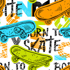 Wall Mural - Abstract seamless grunge pattern for boy. Urban style modern background with colorful skateboards. Sport extreme style creative wallpaper for guys.