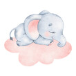 Watercolor illustration of a cute cartoon sleeping elephant. Cute animals sweet dreams.