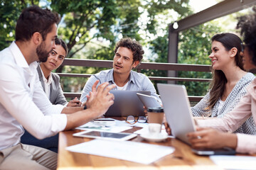 Aufkleber - This is my idea. Cropped shot of a diverse group of businesspeople sitting together and having a meeting outside the office.