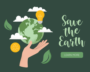 Vector illustration of human hand holding Earth globe, Recycle icon, light bulb, leaves and clouds. Concept of World Environment Day, Save the Earth, sustainability, ecological zero waste lifestyle