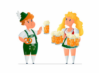 Vector isolated illustration a young woman holding glass mugs with beer, and man with mug and Pretzel. They are dressed in national German, Bavarian costumes. Concept of Oktoberfest, folk festivals.