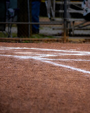 Baseball Chalk Lines From 3rd Base To Home Plate With Fence In Background, Teeball