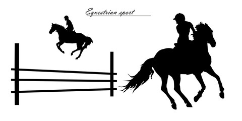 Wall Mural - a set of silhouettes. a rider jumping over an obstacle on a horse, isolated images, a black silhouette on a white background.  