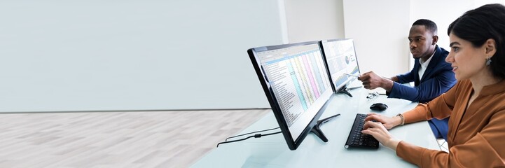 Poster - Businesspeople Checking Spreadsheet On Screen