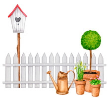Gardening. A Birdhouse Behind A White Fence, A Composition With Flower Pots And A Watering Can. Watercolor Poster, Poster, Template With Empty Space To Insert Text.