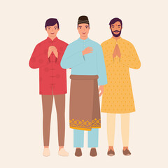 Three Men Dressed In Beautiful Traditional Clothes Greeting.