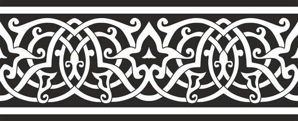 Vector monochrome seamless arabic ornament. Black endless arabesque, border. For sandblasting, laser and plotter cutting.