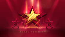 3d Gold Star With Glitter Light And Fire Effect Decoration And Bokeh Element And Beam. Luxury Award Ceremony Background Concept.