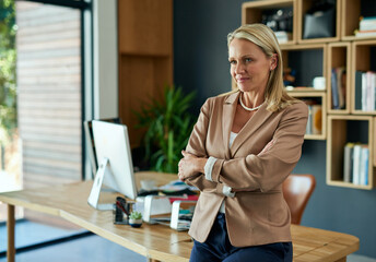 Poster - And to think I once dreamt about all this success.... Shot of a mature businesswoman looking thoughtful while standing in an office.