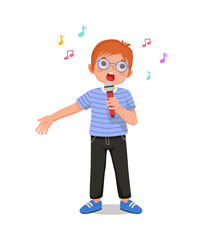 Sticker - happy little boy singing a song with a microphone	