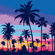 Graphic T-shirt Design, Beach With Palm Trees. An Evening On The Beach With Palm Trees. Colorful Picture For Rest. Palm Trees At Sunset. Summer Long Beach In California