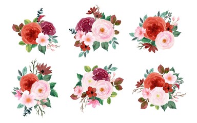 Wall Mural - Lovely Red And Pink Watercolor Floral Bouquet Collection