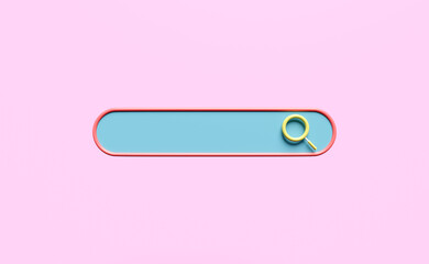 Wall Mural - blue search bar blank with magnifying glass isolated on pink background. minimal web search engine or web browsing concept, 3d illustration or 3d render