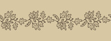 Horizontal Banner With Acorns And Oak Leaves. Decorative Seamless Border With Plant Elements. Elegant Botanical Pattern For Invitations, Greetings, Cards, Covers, Packaging, Posters. Vector