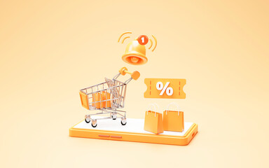 Shopping cart with discount voucher sale notification on smartphone orange background 3d rendering