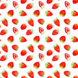 いちごの果実と断面のシームレスパターン　手描き水彩イラストのフルーツ柄テキスタイル