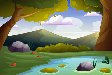 Nature Forest Landscape background illustration for happy earth day with lake scenery