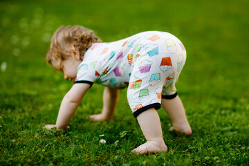 Cute adorable baby girl crawl and make first steps outdoors. Healthy happy toddler child learning walking. Lovely girl enjoy spring garden explore world.