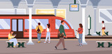Fototapeta  - People commuting in subway metro station. Urban city transportation, high speed train, public transport infrastructure, underground railway passengers cartoon vector illustration