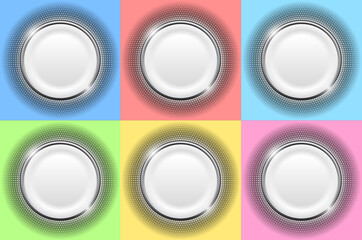 White buttons with halftone pattern around on multicolored backgrounds, Vector icons with copy space set.

