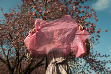 Abstract Portrait Of Sakura Cherry Blossom And Girl In Dress Holding Pink Plastic Sheet