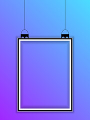 Poster - Realistic vertical hanging picture frame isolated on blue background. Blank hanging frame template. Empty hanging photo frame mockup.