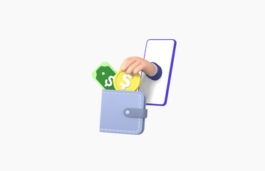 Smartphone, Banknote, Hand Picking up coin from wallet Isolated on White background, grab, gesture, cartoon, business concept, 3d rendering.