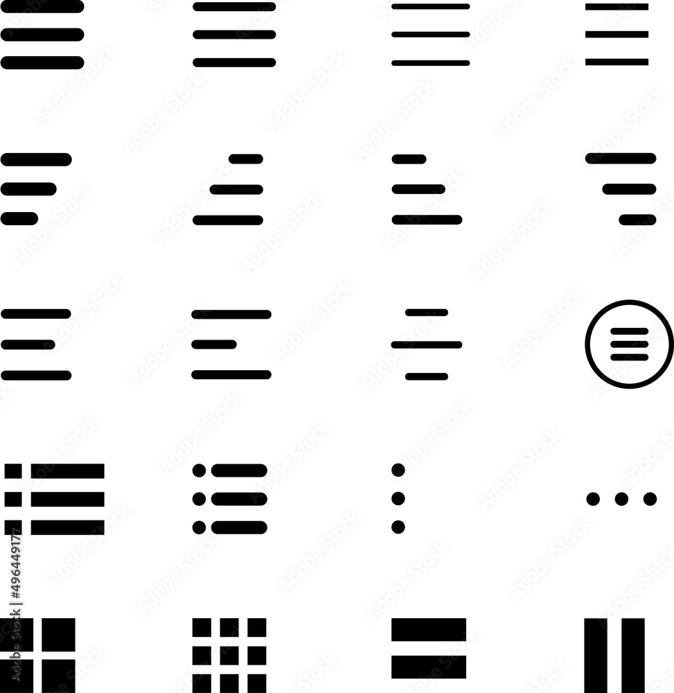Burger Menu Icons Vector Set of UI Design Elements. Interface Design Vector Icon Set of hamburger Menu. Website Navigation Icons for Mobile App and User Interface. menu and ui icons set vector.