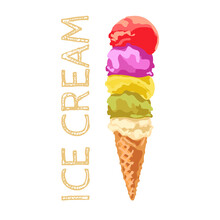 667_ice Cream Balls_ice Cream, Waffle Cup, Cone Stacked Ice Cream In Waffle Cone On White Background, Big Colorful Dessert, Vector Printable Template