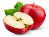 Fototapeta  - Apple half with red apple isolated. Apples with green leaves on white background. Red appl with clipping path. Full depth of field.