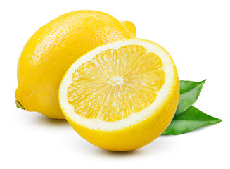Poster - Lemon fruit with leaf isolated. Whole lemon and a half with leaves on white background. Lemons isolated. With clipping path. Full depth of field