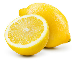 Wall Mural - Lemon fruit with half isolated. Whole lemon and a half on white background. Lemons isolated. With clipping path. Full depth of field.