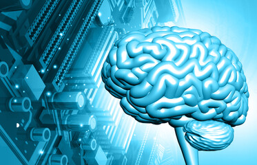 Poster - Artificial Intelligence Concept.AI research.AI Learning and Machine learning..Brain made with cpu on circuit board background. 3d illustration.