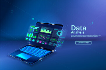Poster - data analyst consolidating financial information and reports on computer. financial data management,