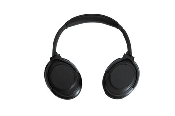 Poster - Computer headphones. Black headphones on a white background. The concept of listening to music, creating audio, music. Computer work, abstraction and minimalist style.