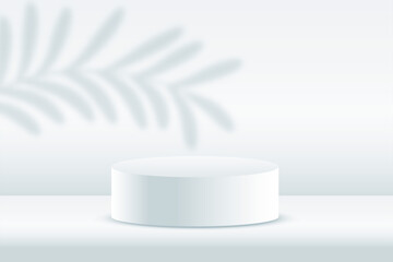 Wall Mural - 3d white podium platform product display mockup with leaves shadow