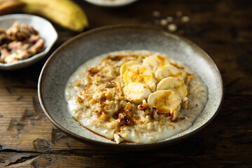 Poster - Healthy oatmeal porridge with banana and walnut