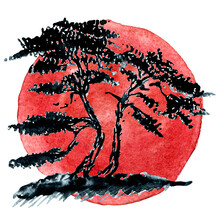 Watercolor Clipart,Japan Poster,Red Sun,bansai Tree Branch.