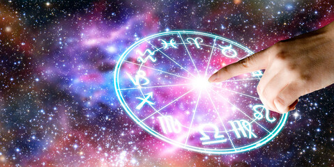 Wall Mural - beautiful woman´s hands with horoscope, zodiac ring and sky like astrology concept