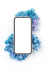 Wall Mural - smartphone mockup with blue flowers. device screen mockup on stylish background for presentation or 