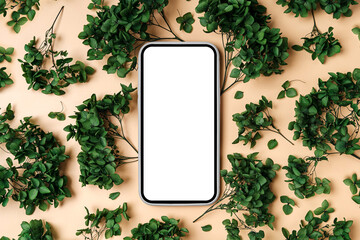 Wall Mural - smartphone mockup with green flowers. device screen mock up on stylish background for presentation o