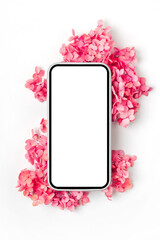 Wall Mural - smartphone mockup with pink flowers. device screen mockup on stylish background for presentation or 