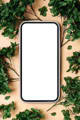 Wall Mural - smartphone mockup with green flowers. device screen mock up on stylish background for presentation o